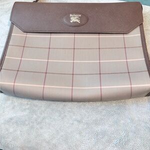 Burberry Taupe Plaid Leather-Trim Laptop Envelope Bag